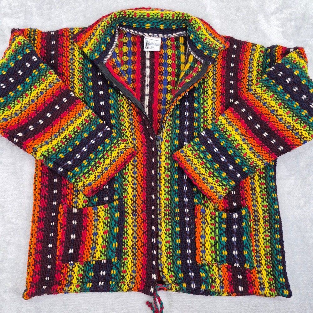 100% Wool Bolivian Imports by Lucy Zip Up Cardigan Multicolor Striped Handmade